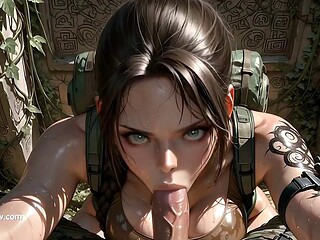 Lara Croft Cosplay Hunter Slurps Massive Dildo in Ancient Ruins