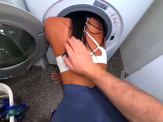 Stuck Step Sister Fucked by Step Bro in Washing Machine &amp_ Takes Load in Mouth