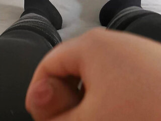Fat man masturbates in riding leggings and riding socks