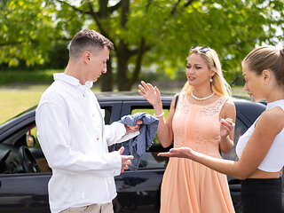 Stunning blonde MILF seduces a younger guy on couch