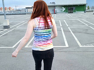 Shy redhead sucks in parking garage and is surprised