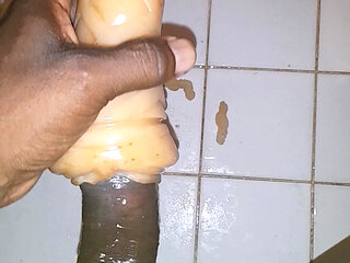 Blackguy jerking off and fucking tite fake Pussy