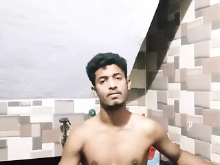 Indian desi boy striptease nude in bathroom masterbating big dick and showing big ass hole