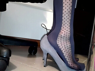 Sensual Shoeplay in Grey Patent Pumps and Blue Charmant Pantyhose
