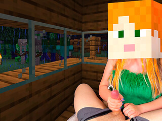 Hot Alex from Minecraft Fast jerking off Steve's hard Cock in a Cozy house, while Creepers and Skeletons roam the Night Village