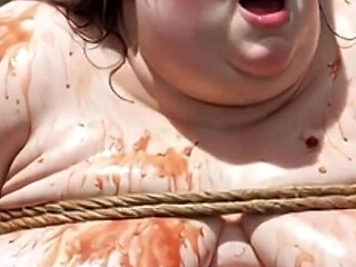 Humiliated BBW Slave Tied and Stuffing Her Belly Deep