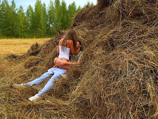 This Beauty Loves in a Public Place. Hayloft. Nature