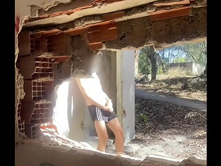 Exploring an abandoned building, 2 amateur boys remove their clothes and one starts to jerk off