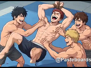 Strung Up By The Wrists - Bare Hands On A Bound Muscle Jock's Armpits And Ribs (2D Anime Bara)