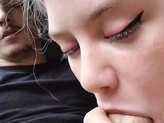 Cute blonde deepthroats thick dick in public parking lot