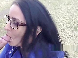 Cumming on brunette with glasses outside!