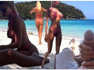 Two Couples On A Public Beach, Public Masturbation With A Finish On The Legs