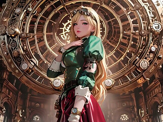 Steampunk Blonde Secretary! Lazy poses amidst giant gears, adjusting goggles with a teasing gaze.