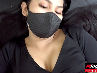 Creampied fuck sexy Thai Asian black mask licking her pussy then fuck her hard