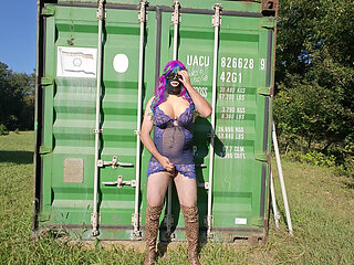 Gigantic fake tits crossdresser in lingerie masturbating outside