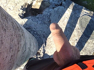 Jock in Fishnet Jerks His Big Fat Cock and Cums on Top of the Mountain