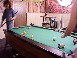Brunette German doll sucks dick by the pool table