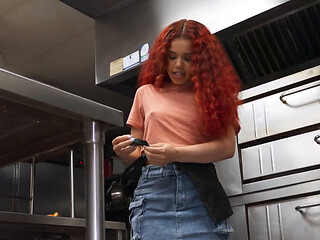 Public pleasure with a red-haired horny waitress in POV