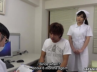 Japanese Nurse Shino Aoi gives a horny blowjob to her patient's erect