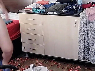 Amateur Wife Having Fun with Roses. Sexy Mom Cleans with the Vacuum Cleaner.