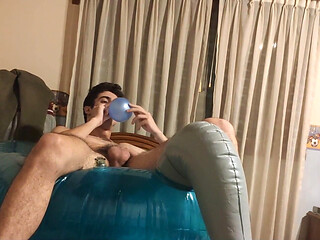 Blowing up Party Balloons on My Aqua Blue Inflatable Unicorn