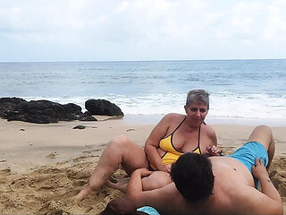 Mature Couple Almost Caught on Beach - Real Amateur Blowjob with Saggy Tits & Older Wife