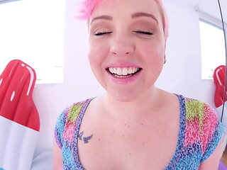 CAROLINE CROSS aka MILEY MAY Cute Cubby Blonde Coed Huge Cock POV Blowjob and Cum Swallow