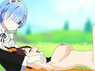 Emilia watches Shaula spread Rem's legs on the grass and finger her wet pussy