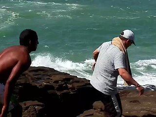 Anal on the Rocks! Busty Blonde Tourist Ass Fucked by the Locals. Interracial Outdoor Threesome with Double Penetration