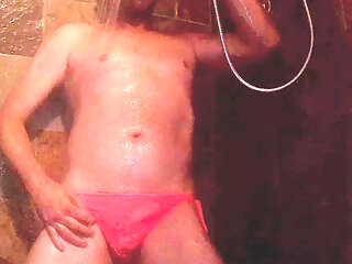  Wet & Wild: Crossdressed Stud in Hot Pink Bikini Bottoms Gets Steamy in the Shower