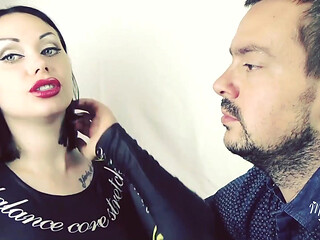 Covering Alex with red shiny lipstick kisses all over his face!
