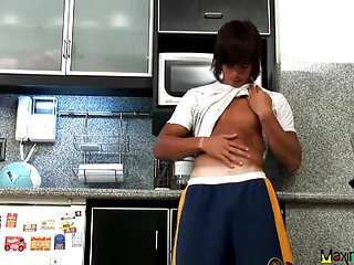 Sexy Tan Line Latino Anakin Hair Jack off in Kitchen Solo Jerk Dick Jizz!