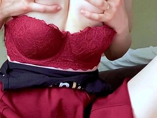 Busty curly brunette with big boobs fucks on couch