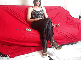 trans smoking in arabic dress and seamless pantyhose