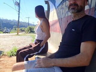 Brazilian Big Tits Babes Risky Bus Stop Stranger Masturbation