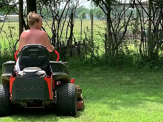 Neighbor, riding lawnmower, naked outdoors