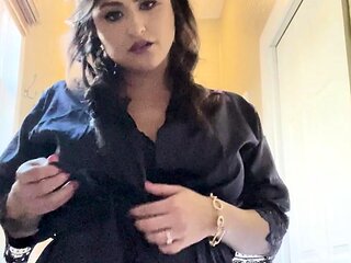 Busty curly brunette with big boobs fucks on couch