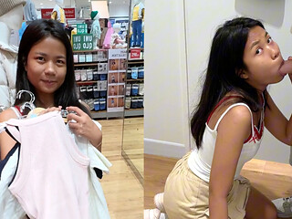 An 18-year-old Thai girl sucks me in a fitting room and I end up in her mouth