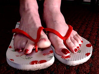 Red Toenails Flop Flops Mature Feet