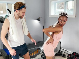 Ebony seductress Mocha Honey and hunky Dave March heat up the gym with steamy interracial passion