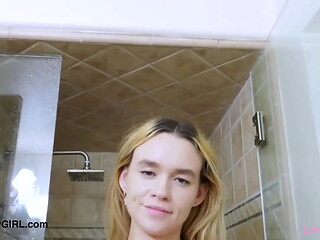Shy teen blonde took a shower