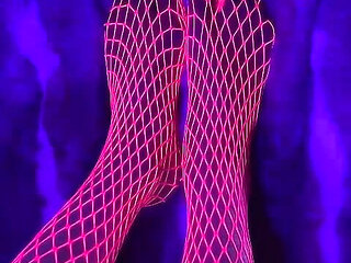 Pink Neon Fishnet on Sexy Small Asian Feet with Long Toes