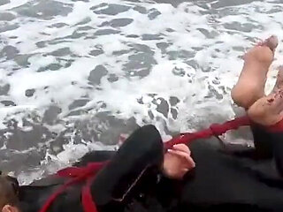 Hogtied in a Wetsuit - Rope Bondage Escape Challenge on the Beach