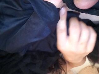 Leatransteen cum on black satin skirt