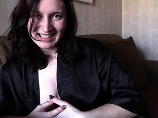 Amateur young brunette enjoys dildo on solo masturbation