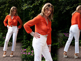 Garter Belt & Nylon Stockings Under Sheer White Pants