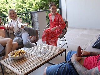 Cute Young Girl Publicly Fucked by an Italian Guy with a Huge Cock on a Summer Patio!