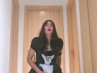 Sissy maid rides dildo while wanking