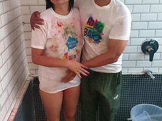 holi special: bro fucked Saara anal hard while she wanna play Holi with friends