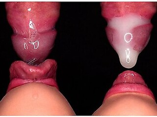 Close-up condom blowjob with messy aftermath
